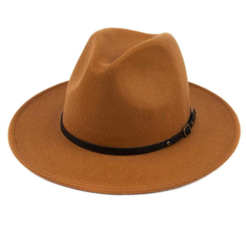 Lanzom Womens Classic Wide Brim Floppy Panama Hat Belt Buckle Wool Fedora Hat Fit Size 6 8/7-7 1/4(One Size, Khaki) - Image 1